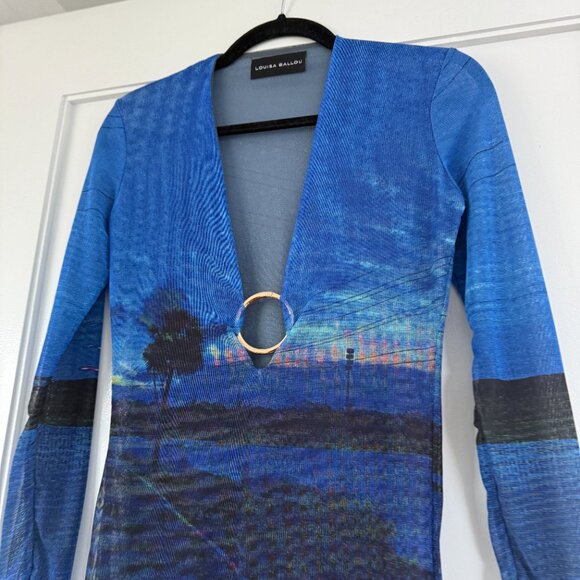 Louisa Ballou Mini Dress Semi-Sheer Blue Mesh Printed Deep V-Neck Ring Accent - Picture 5 of 9